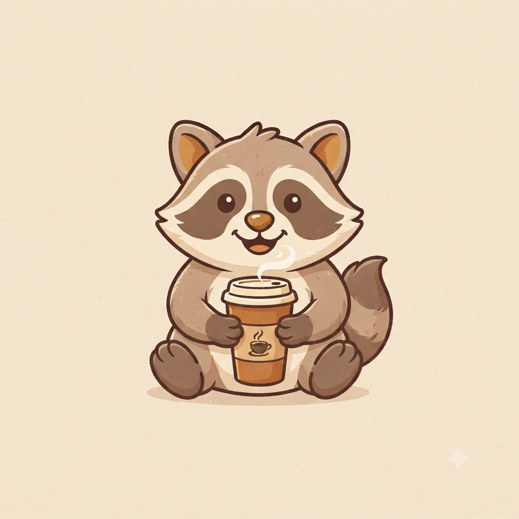 Cartoon raccoon coffee shop logo holding a takeaway cup
