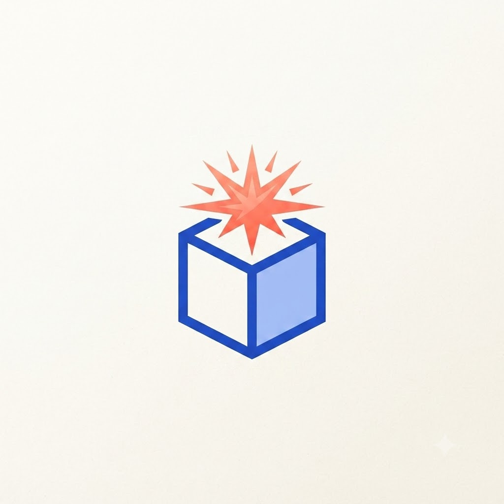 Modern retail startup logo with a package and rising spark