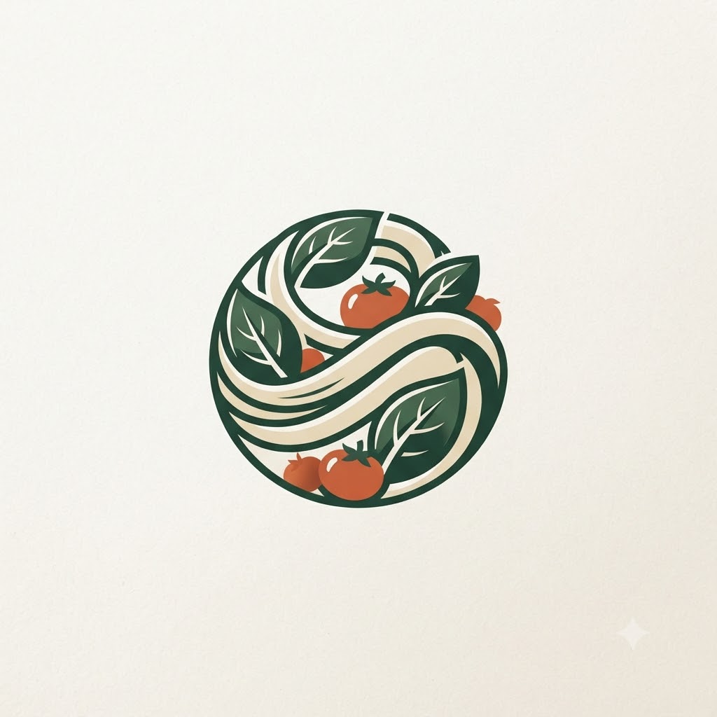 Italian restaurant logo with pasta swirl, basil, and tomato