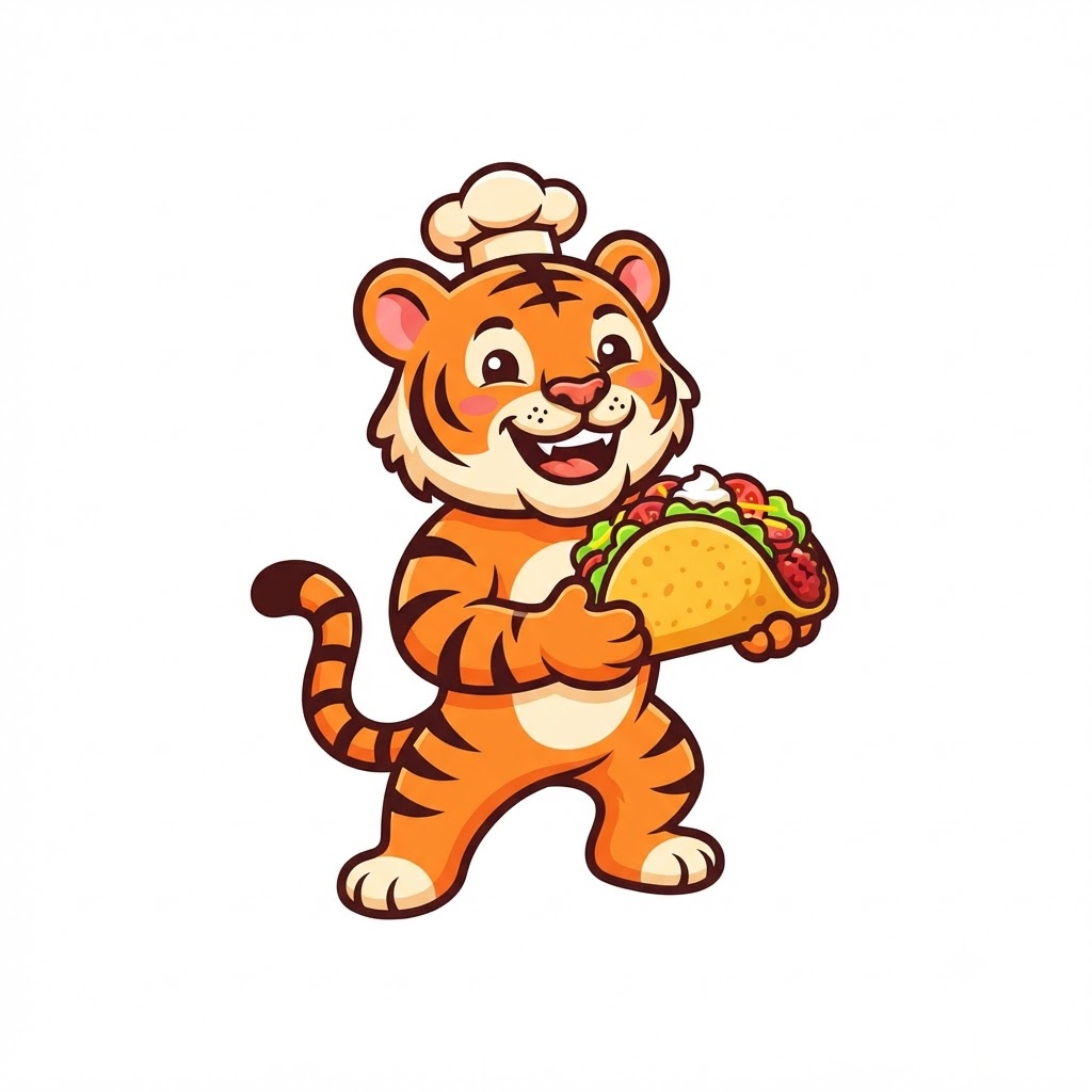 Cartoon tiger food logo holding a colorful taco