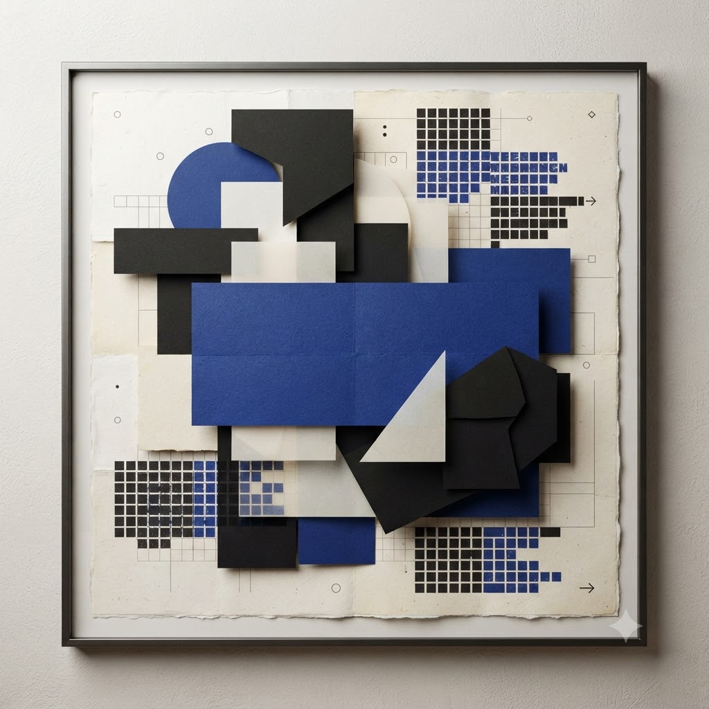 AI-generated contemporary art exhibition poster with geometric forms