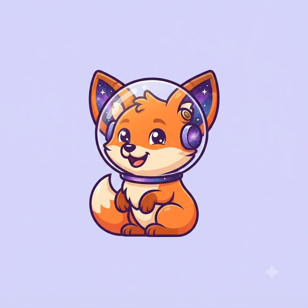 Cartoon fox astronaut mascot logo with galaxy accents