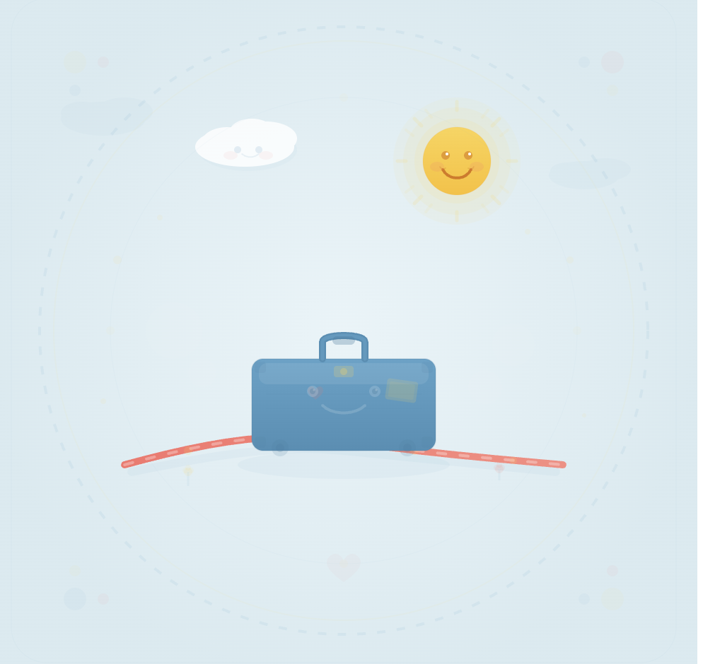 Family travel logo with suitcase, sun, cloud, and path