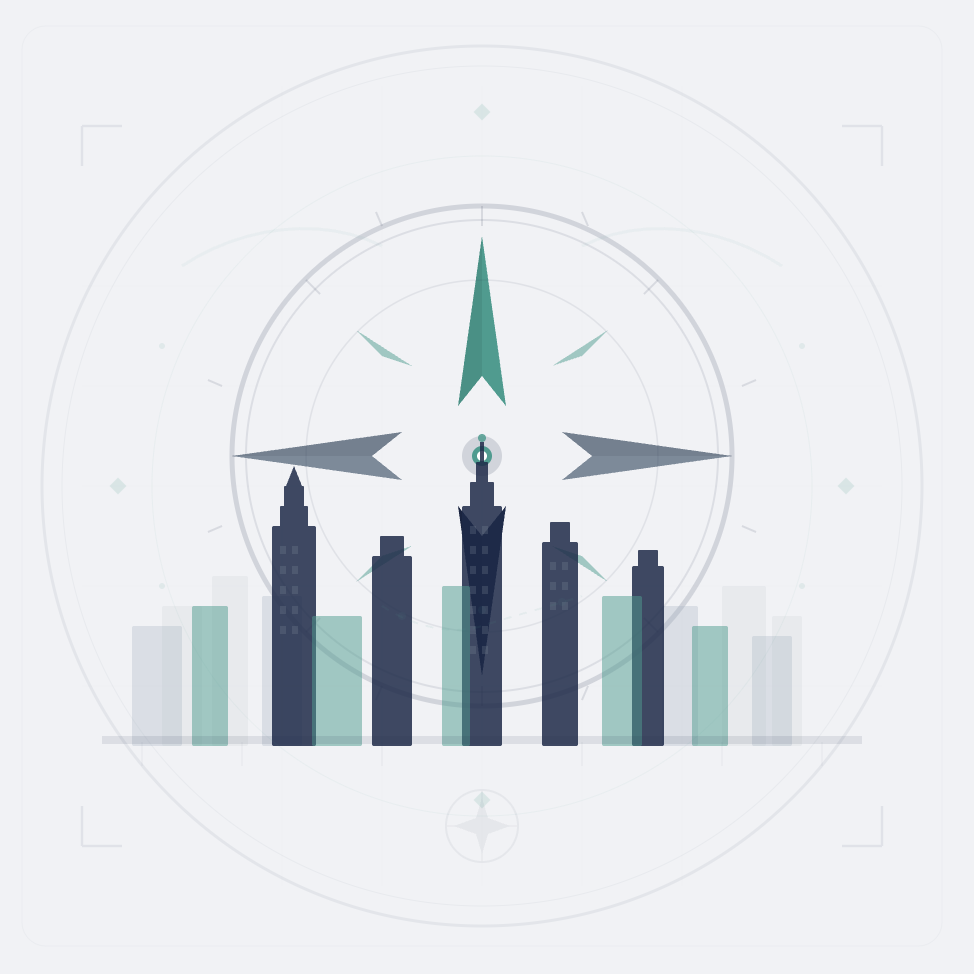 City tour logo with a compass rose and modern skyline