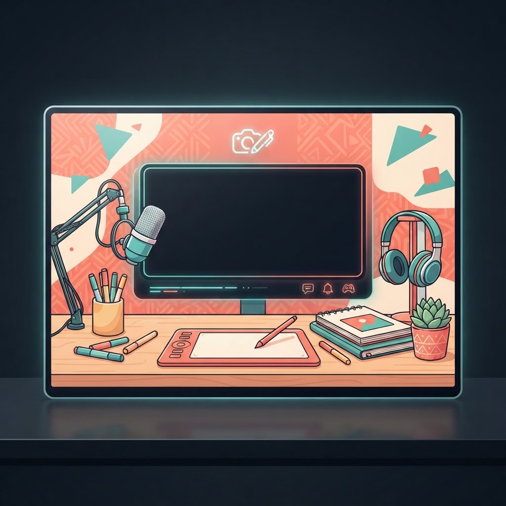Creative stream banner with desk, microphone, and art tools