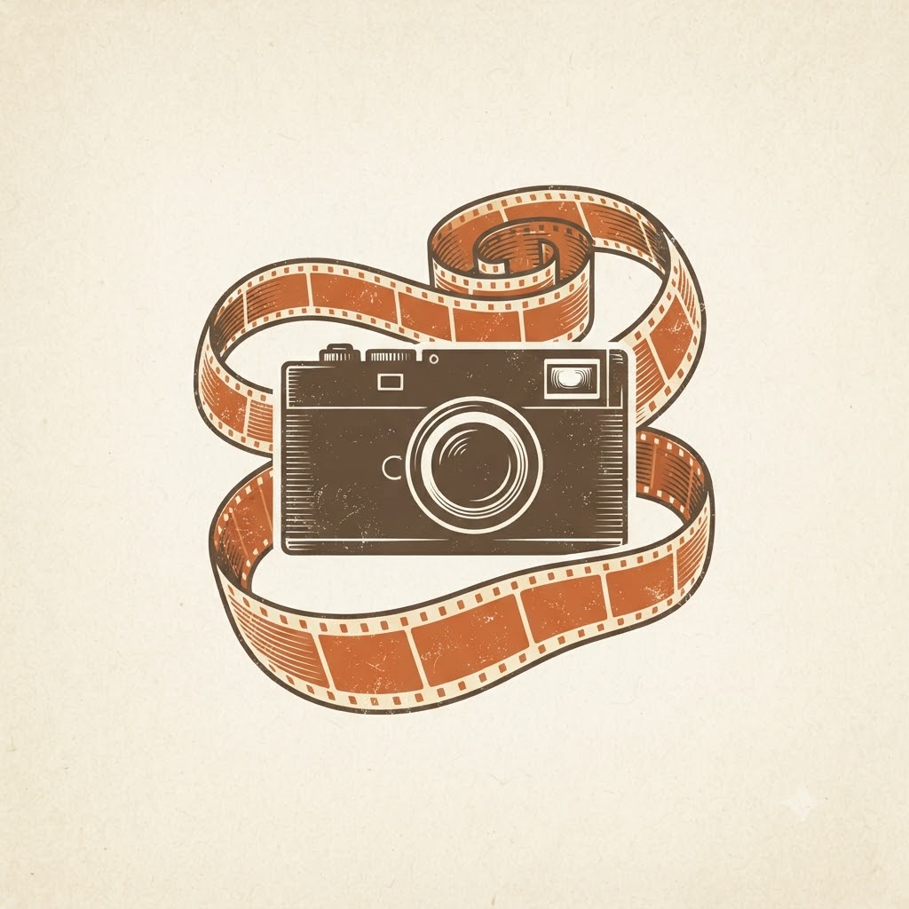 Vintage film photography logo with a film roll and camera silhouette