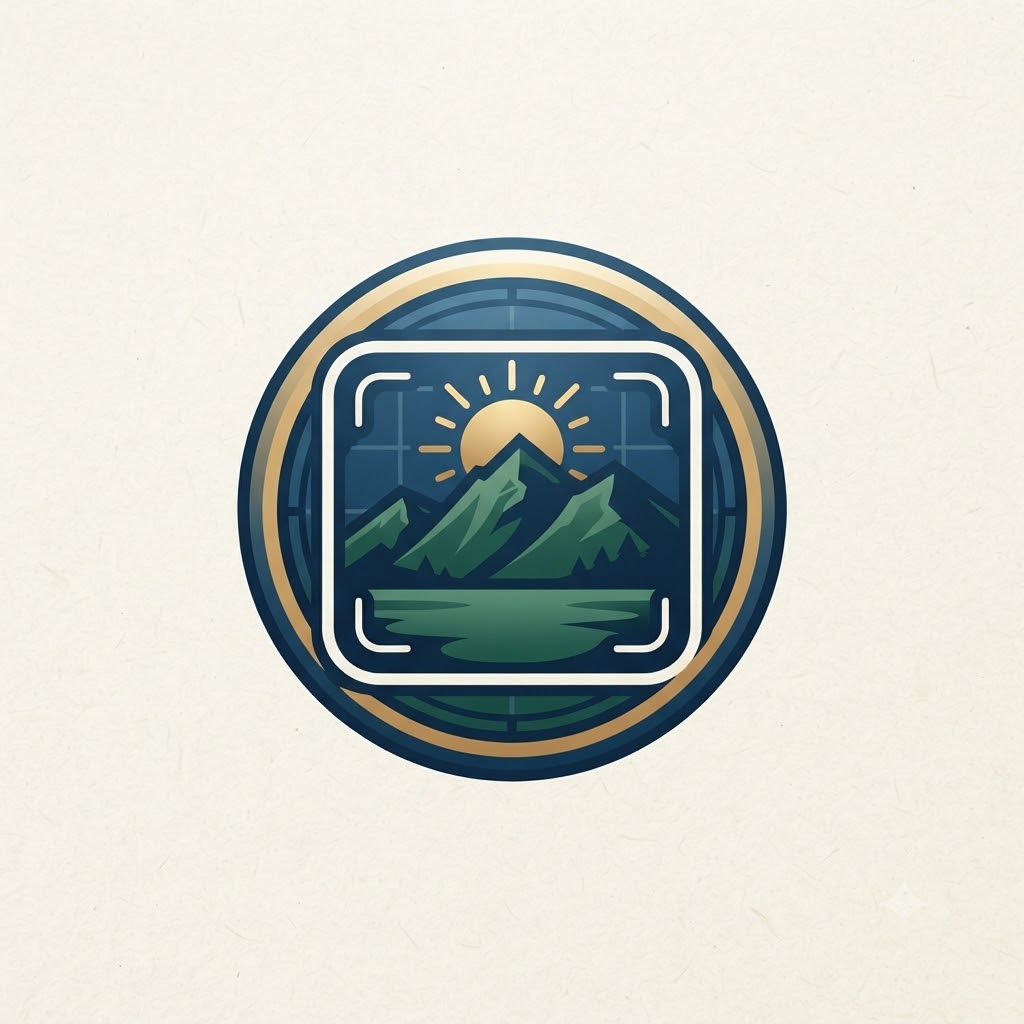 Outdoor photography logo with mountain viewfinder and sunrise