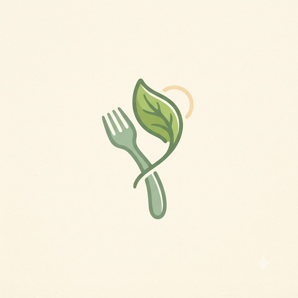 Healthy food logo with a fork, leaf, and sun arc