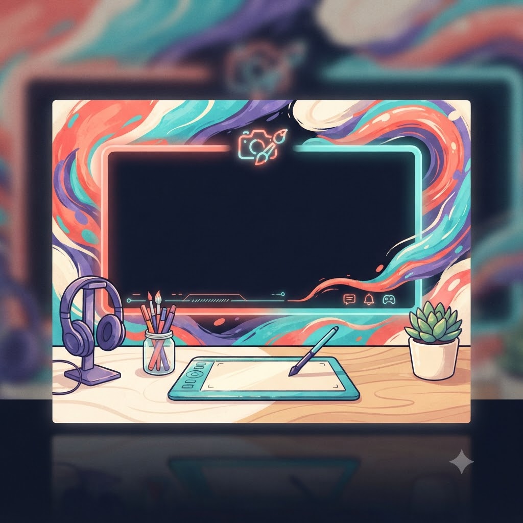 Creative stream banner with paint ribbons, drawing tools, and title space