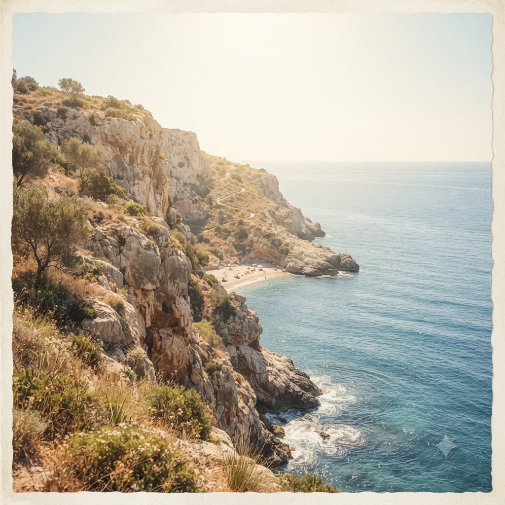 AI-generated travel poster with coastal cliffs and blue ocean