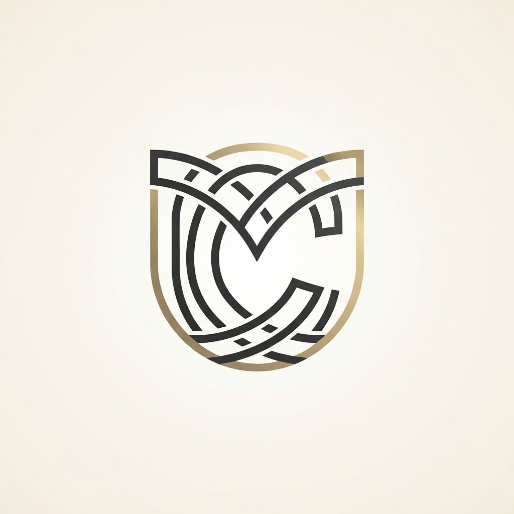 Simple premium logo with interlocking geometric curves in gold and charcoal