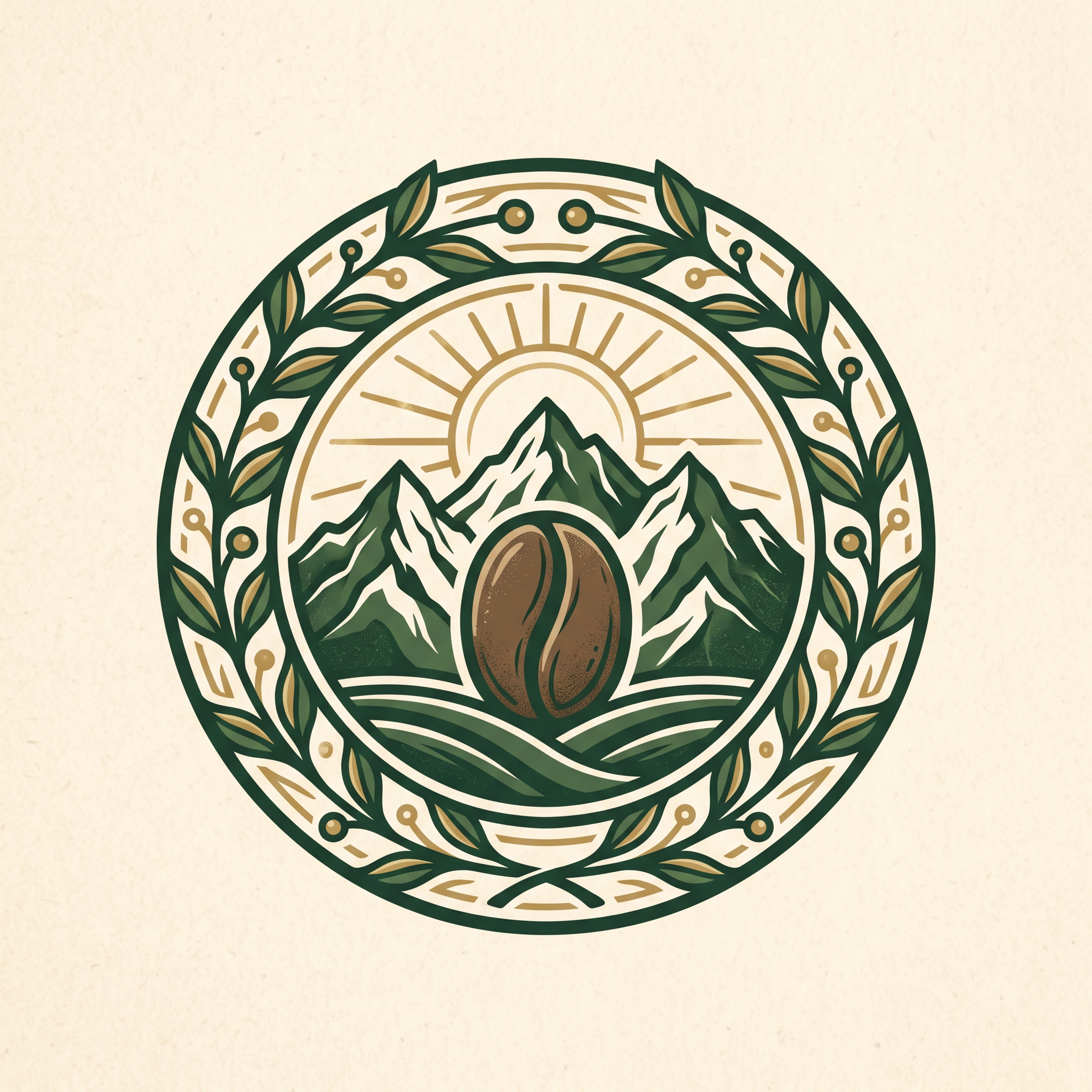 Specialty coffee logo with coffee bean, mountains, and sunrise