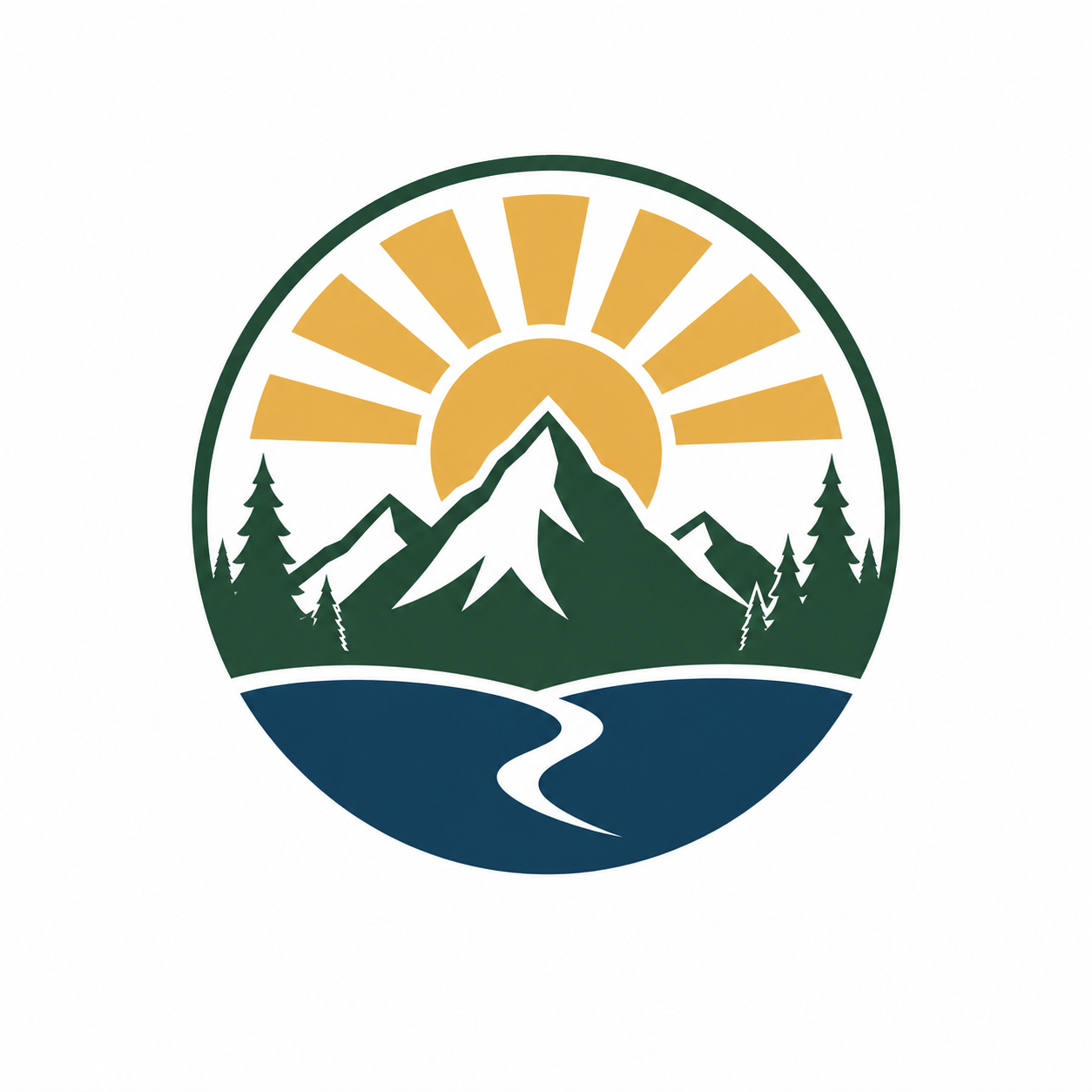 Simple outdoor logo with a mountain peak and rising sun in a circle 17:40