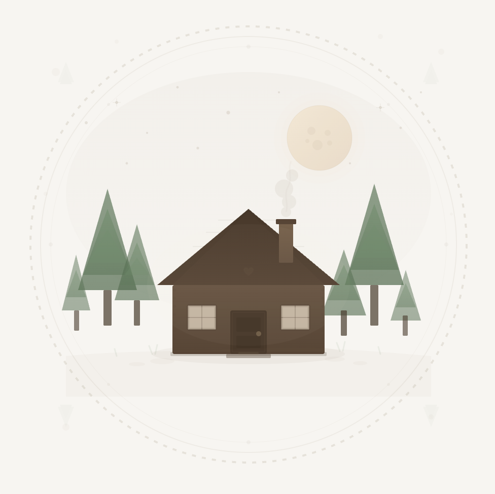 Boutique stay logo with cabin, pine trees, and moon