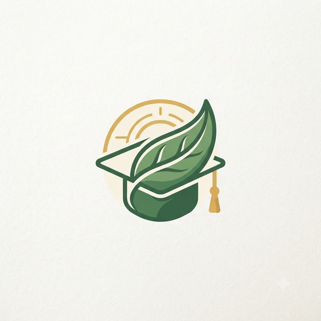 Sustainable school logo with leaf, graduation cap, and sunrise