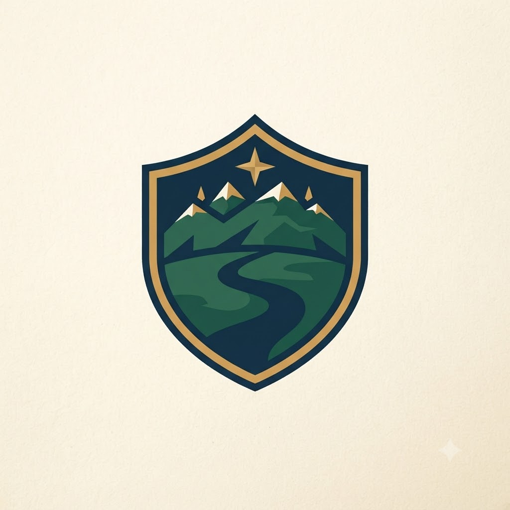Outdoor team logo with mountain, trail, and compass star