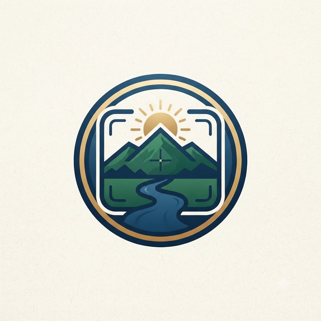 Outdoor photography logo with mountains, river, and camera viewfinder