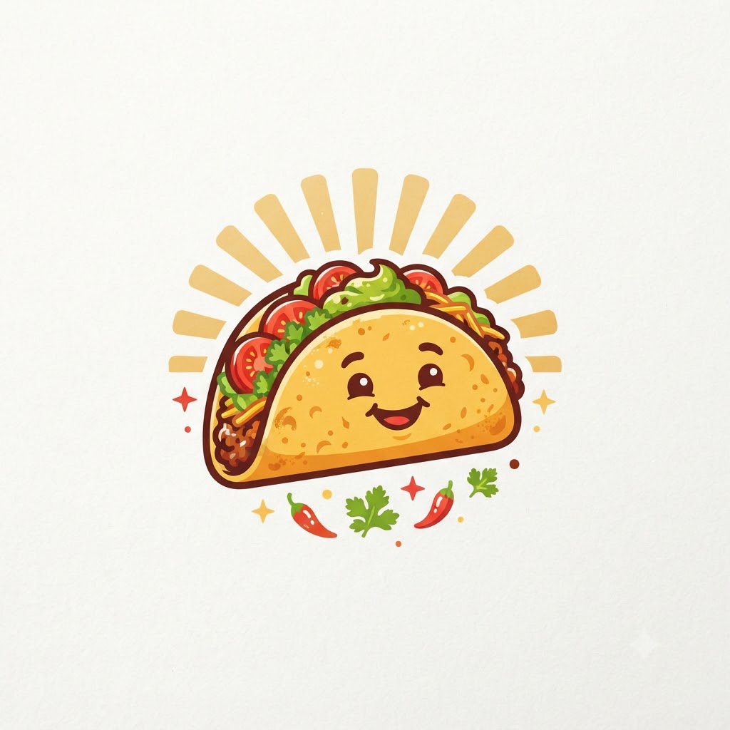 Street food logo with a colorful taco and sunburst