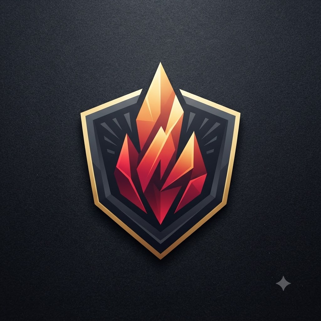 Competitive sports team logo with a geometric flame rising from a shield