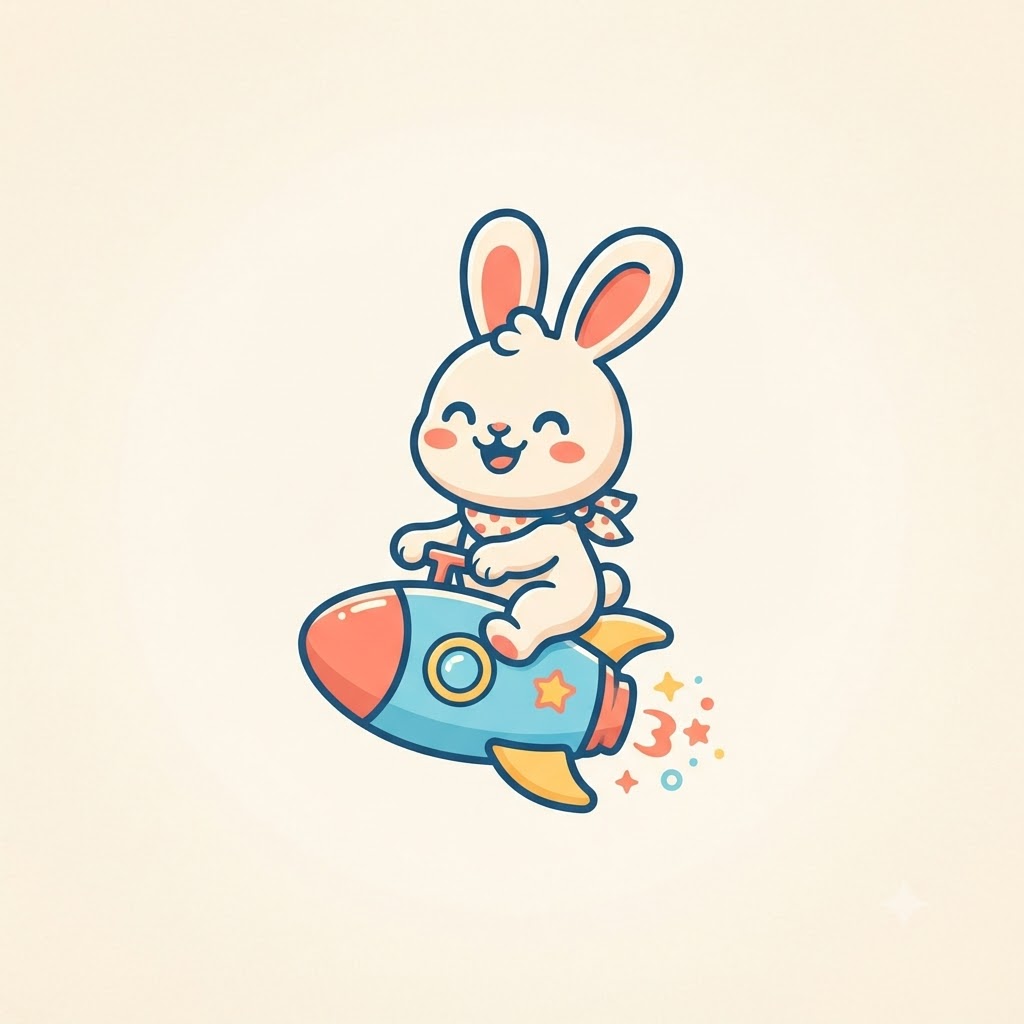 Cartoon bunny mascot logo riding a small rocket