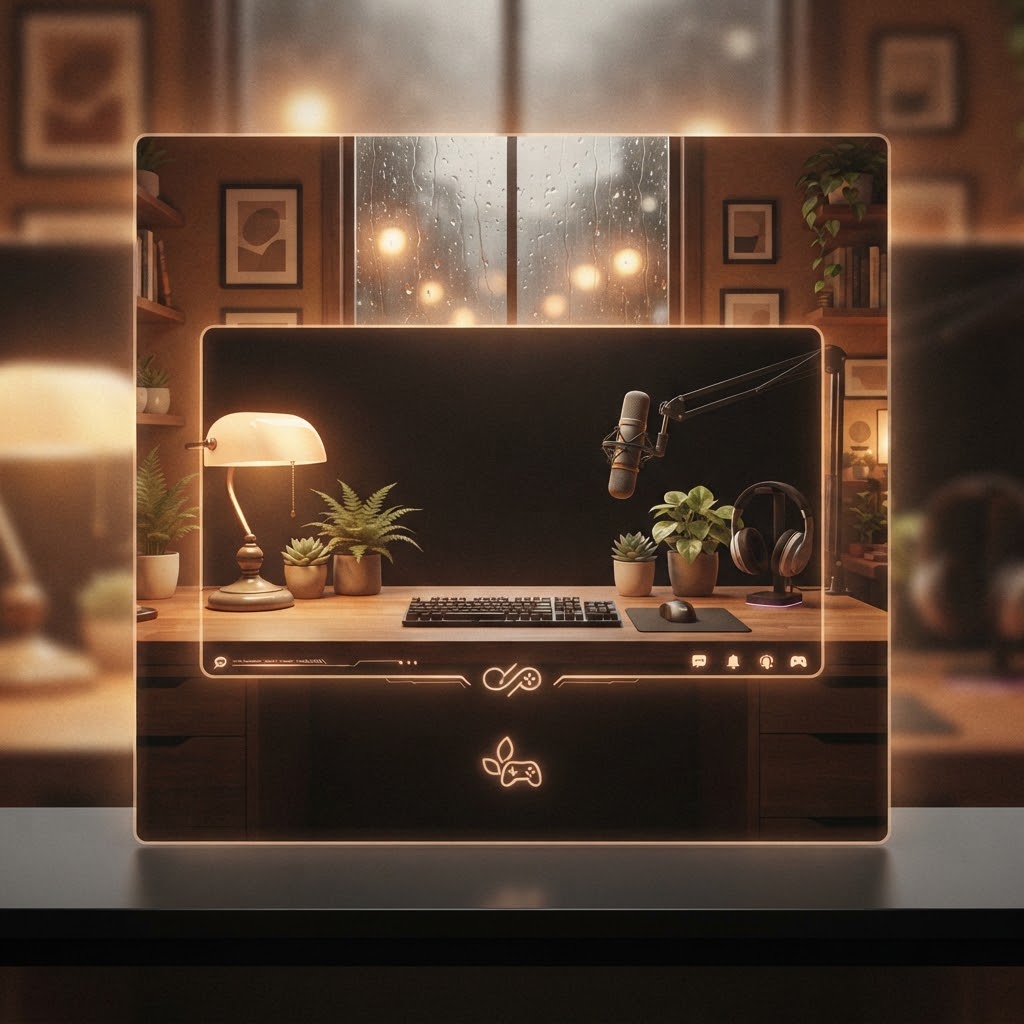 Cozy stream banner with gaming desk, plants, and title space