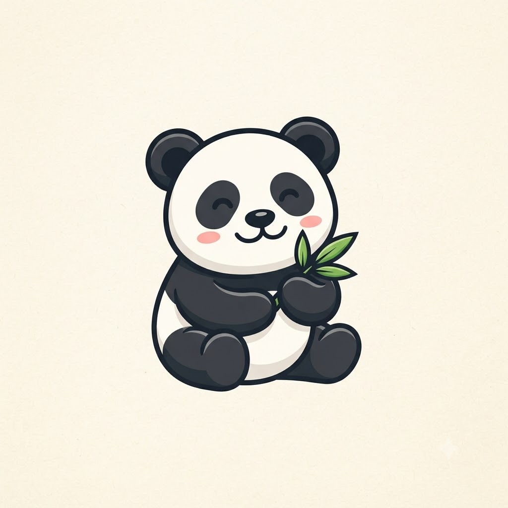 Cute cartoon panda mascot logo holding a bamboo leaf