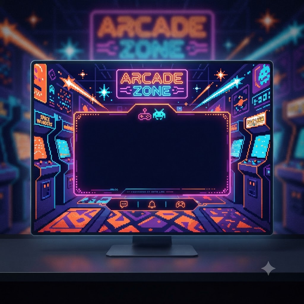 Retro gaming stream banner with pixel-inspired arcade shapes
