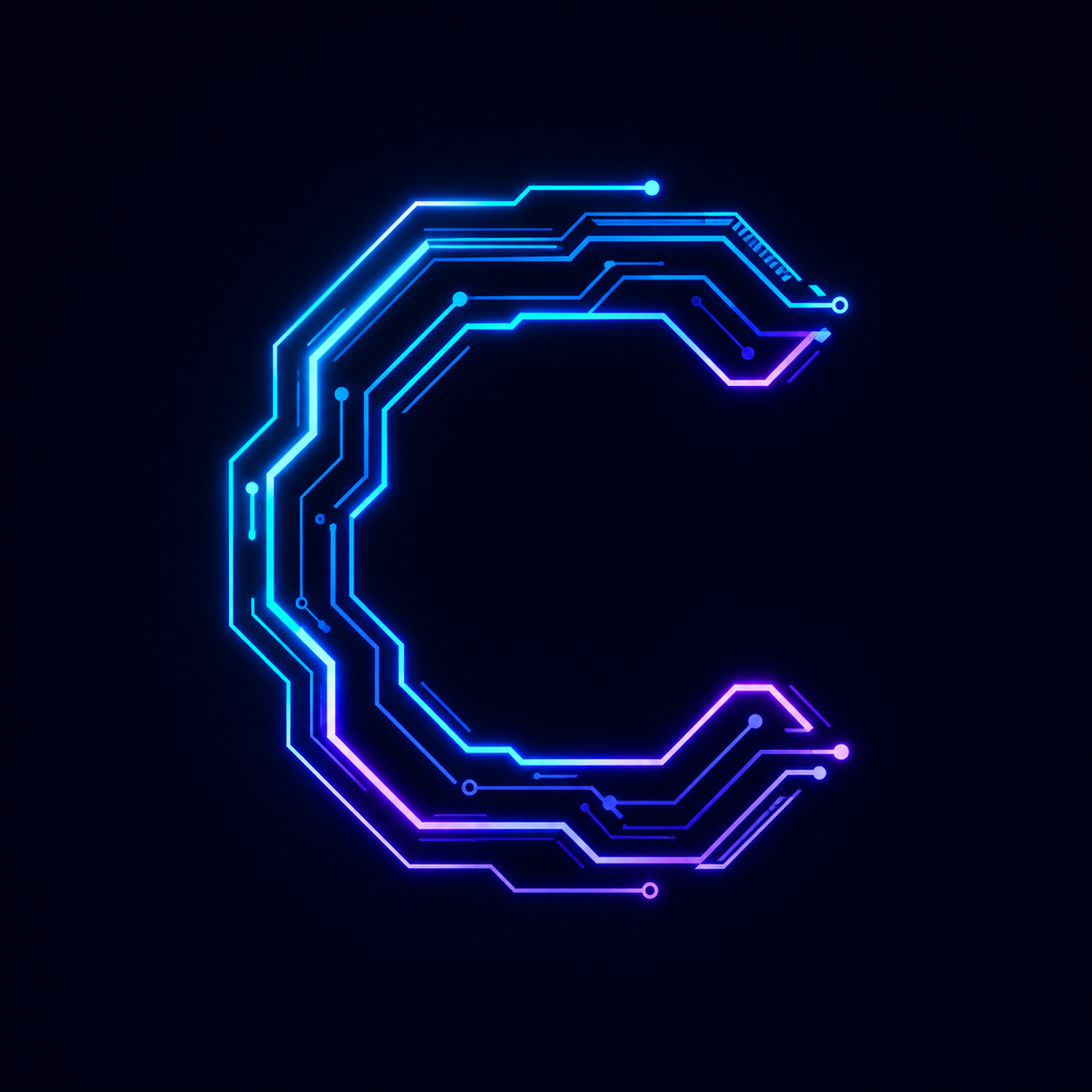 Futuristic letter logo, uppercase letter C constructed from glowing circuit lines and angular segments, electric cyan, violet, and deep navy palette, sleek high-tech vector style, centered on dark background, no extra text, 1:1