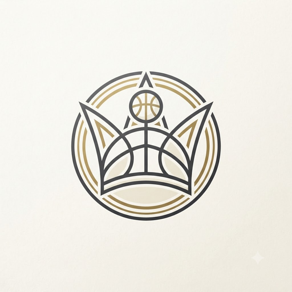 Premium basketball training logo with a ball and crown-inspired arcs