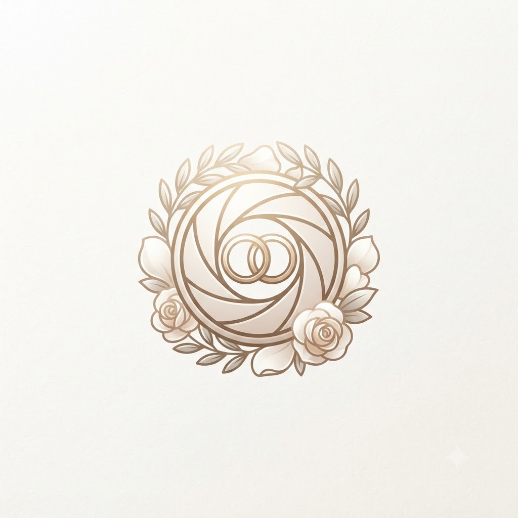 Wedding camera logo with lens aperture, rings, and floral petals