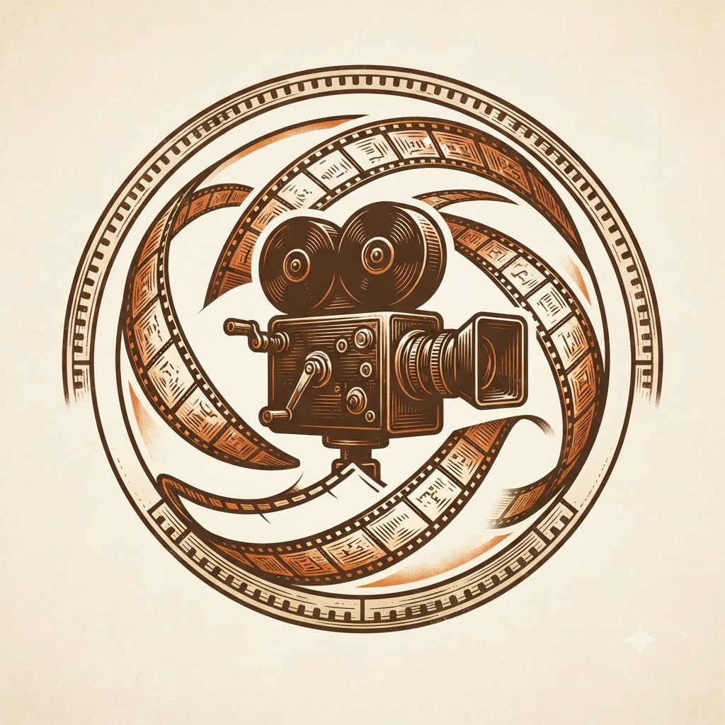 Vintage camera logo with film strip orbiting a classic camera