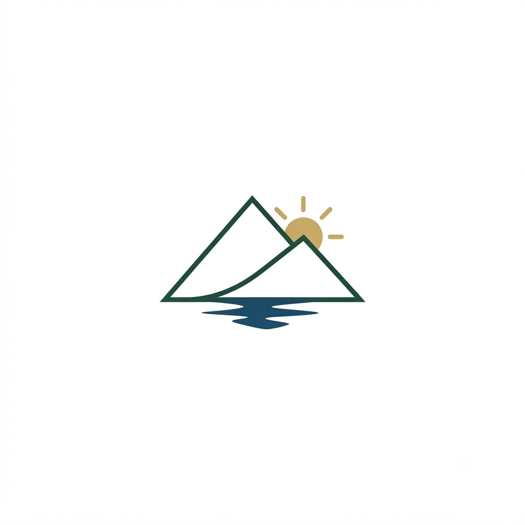 Minimalist outdoor logo with mountain line and rising sun