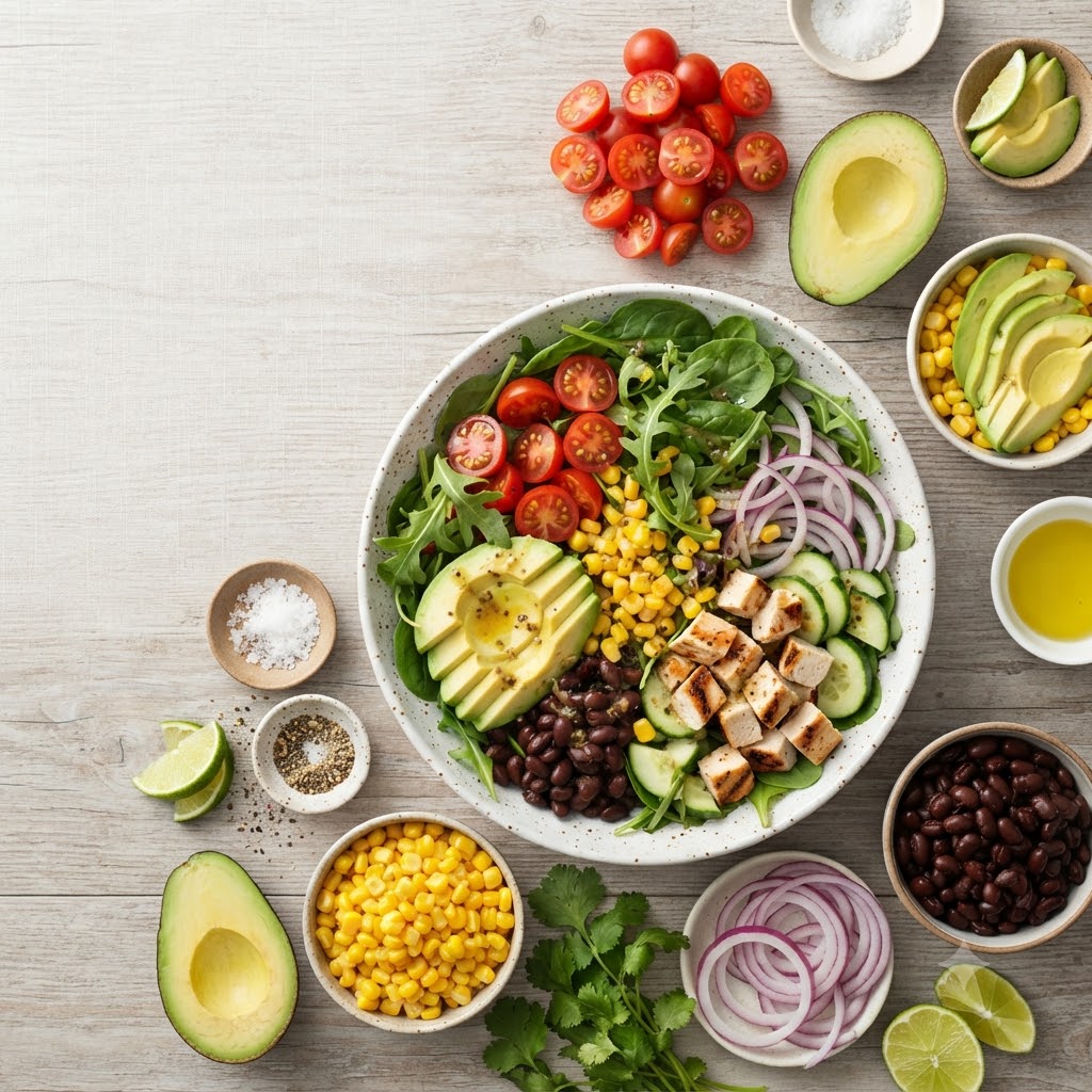 Instagram food post with fresh ingredients arranged around a colorful salad bowl