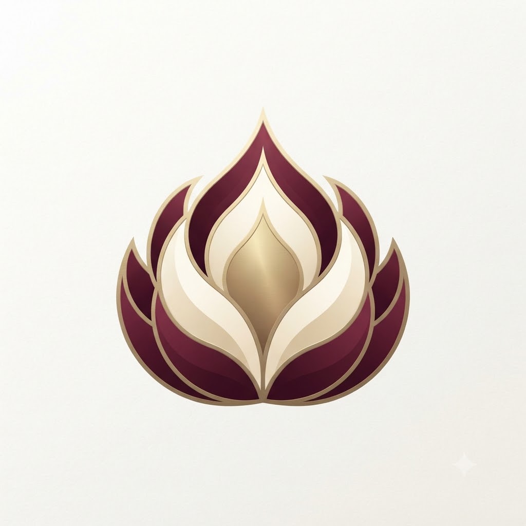 Premium symbol logo with a symmetrical abstract flame in burgundy and gold