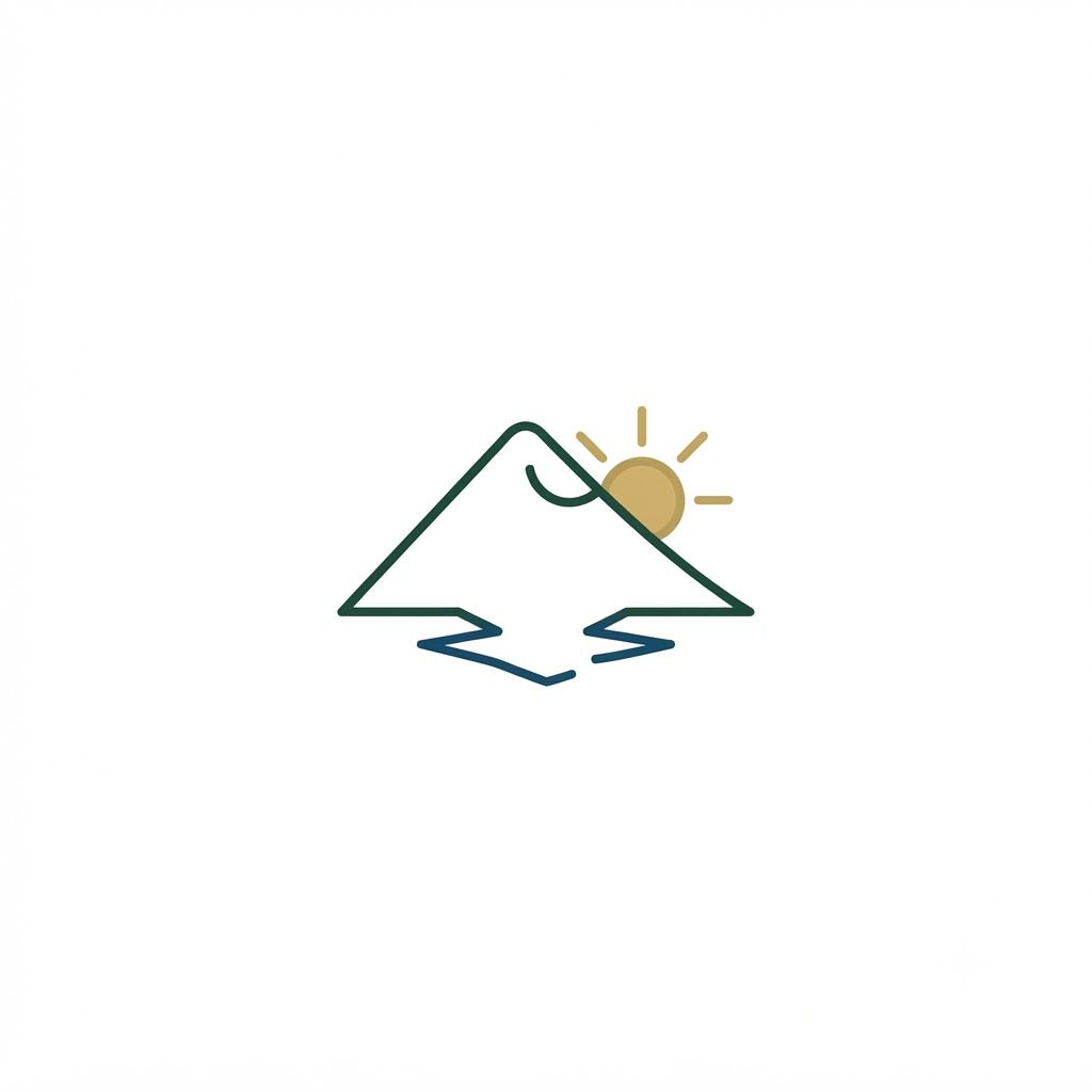 Minimalist outdoor logo with mountain line and rising sun