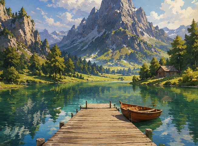 AI-generated fantasy landscape after landscape style transformation with vivid mountains, turquoise water, and digital painting aesthetics