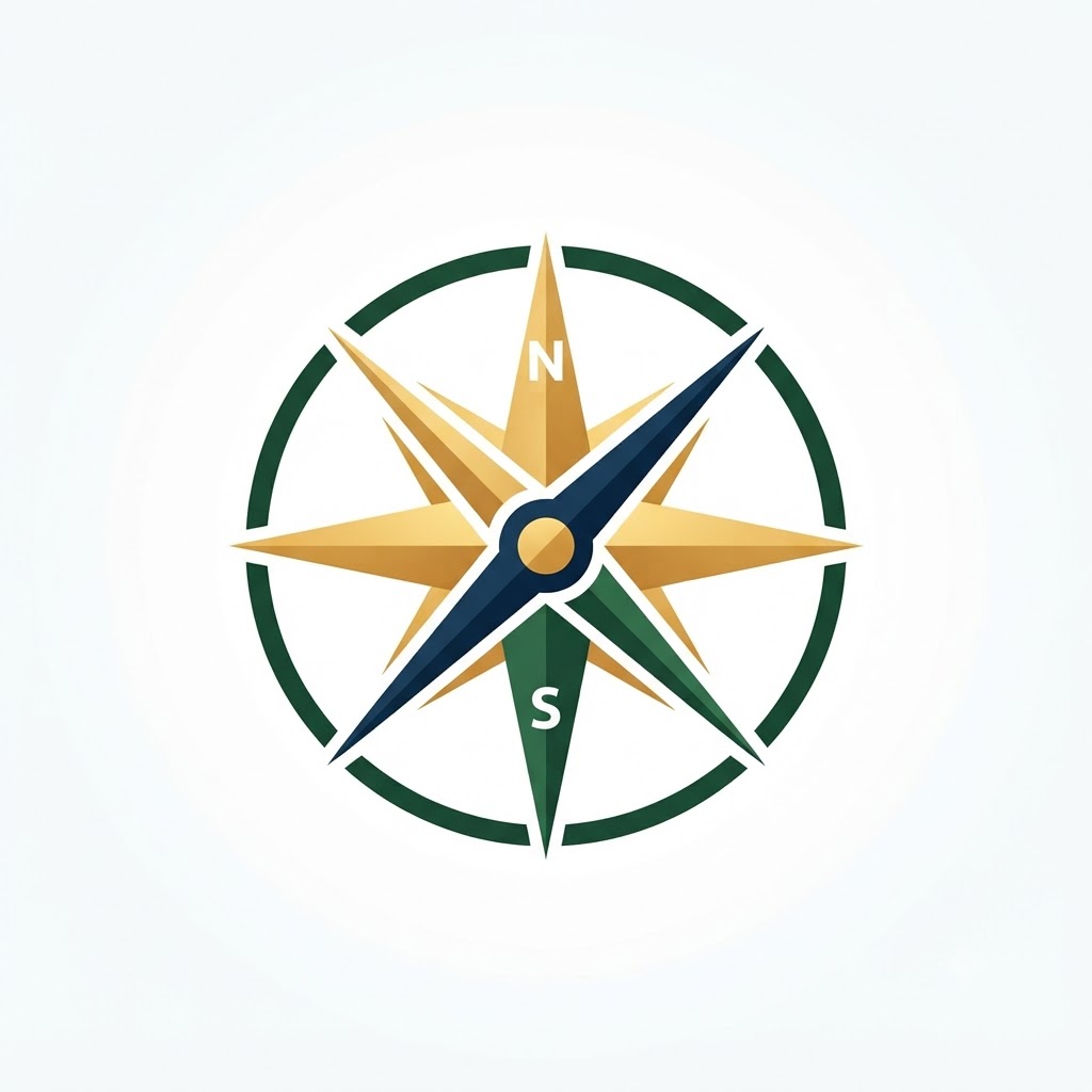 Adventure symbol logo with compass needle and beacon star