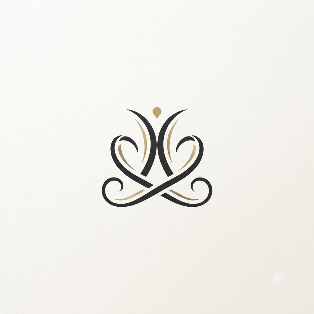 Minimalist premium logo with symmetrical crown-like curves in charcoal and gold