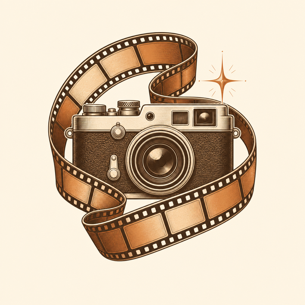 Vintage camera logo with a film strip and classic camera silhouette