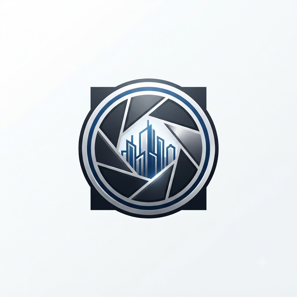 Commercial camera logo with geometric shutter and city skyline
