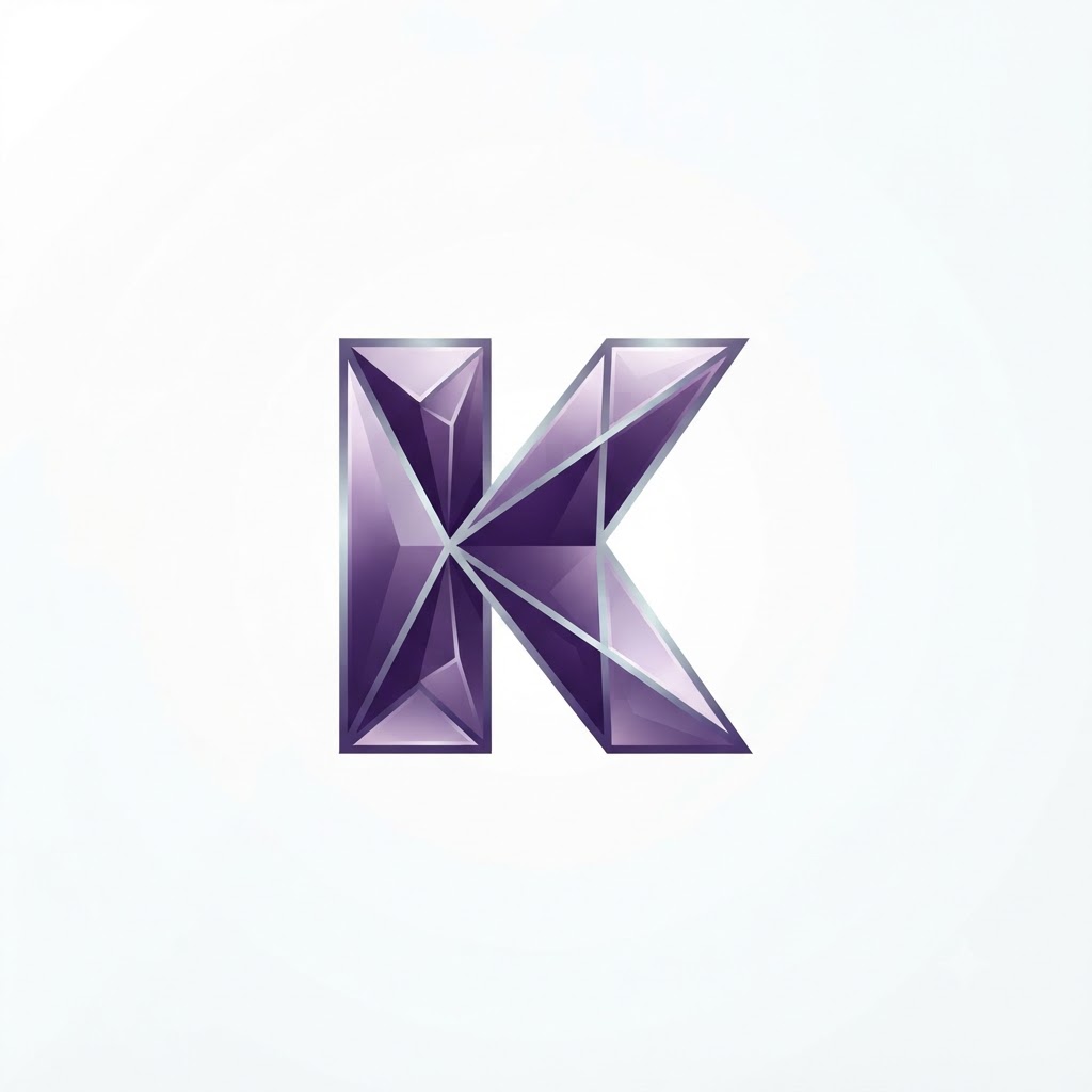 Refined initial K logo with faceted purple crystal planes