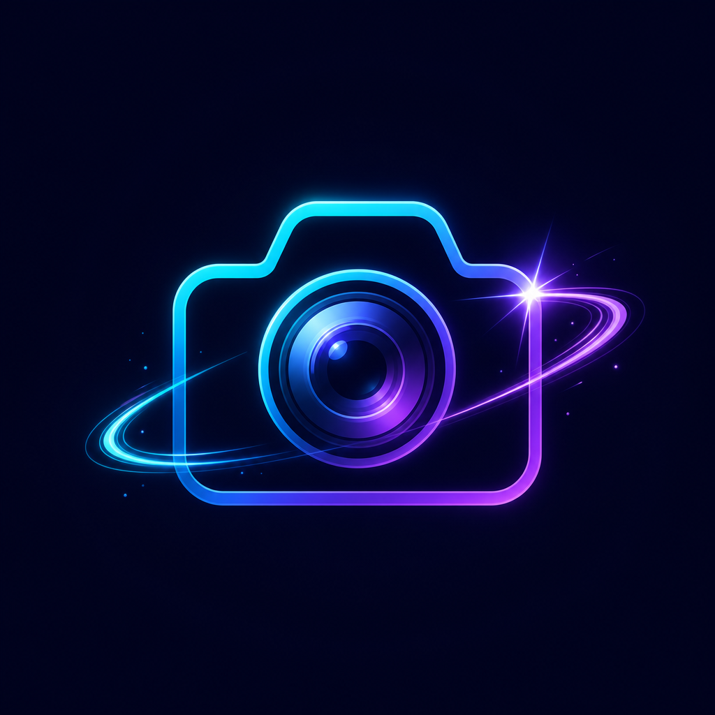 Modern creator camera logo with a bright spark and abstract motion line