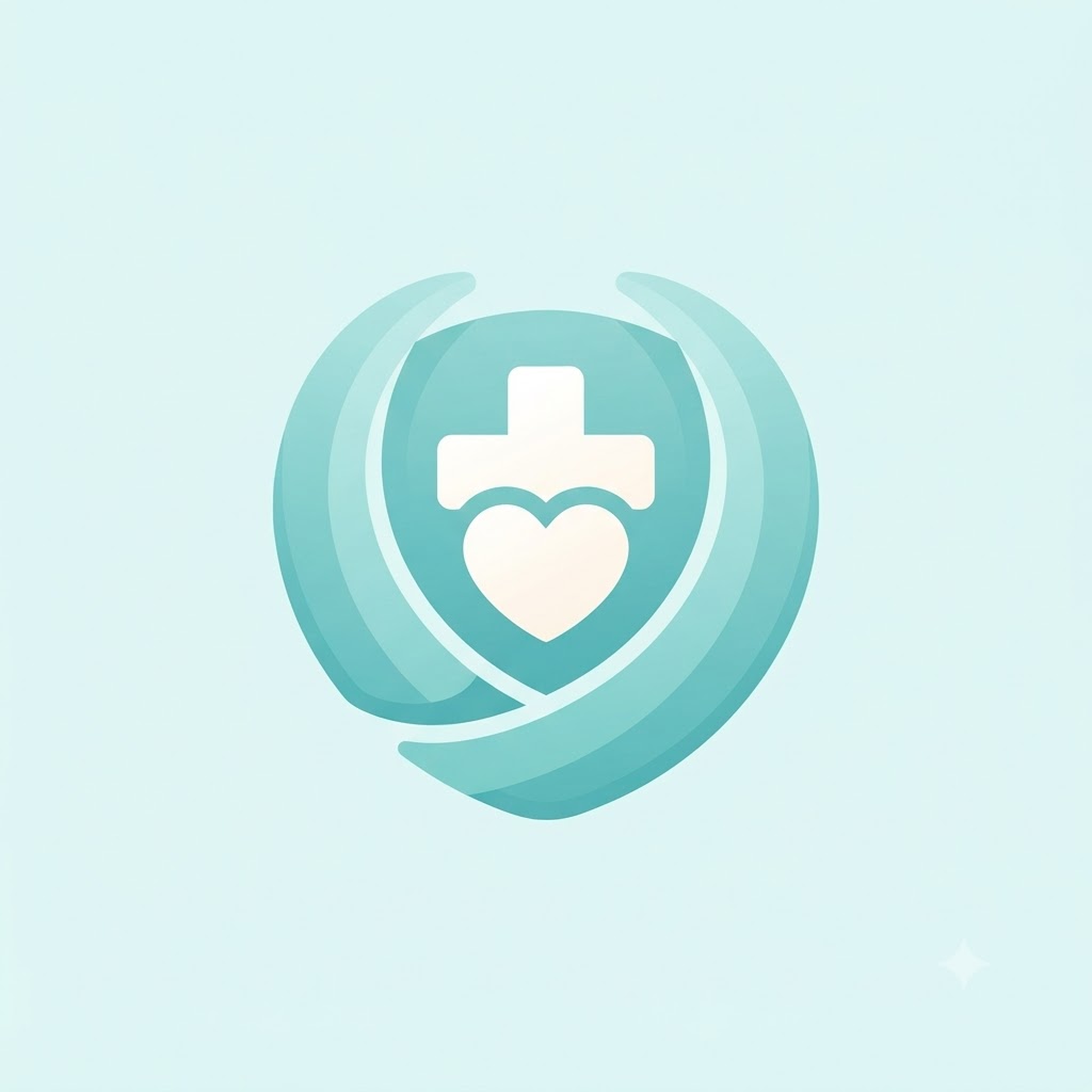 Healthcare symbol logo with protective arcs, heart, and medical plus