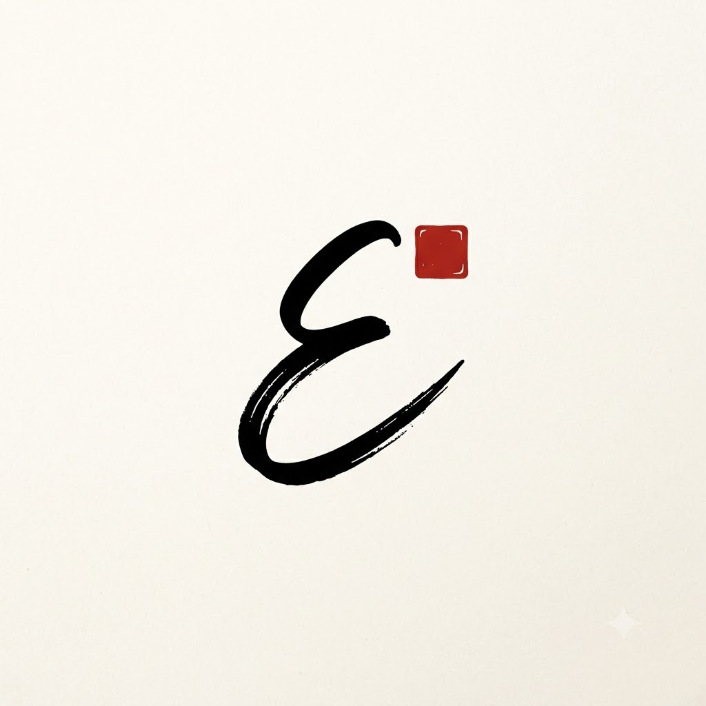 Artistic initial E logo with black ink stroke and red accent