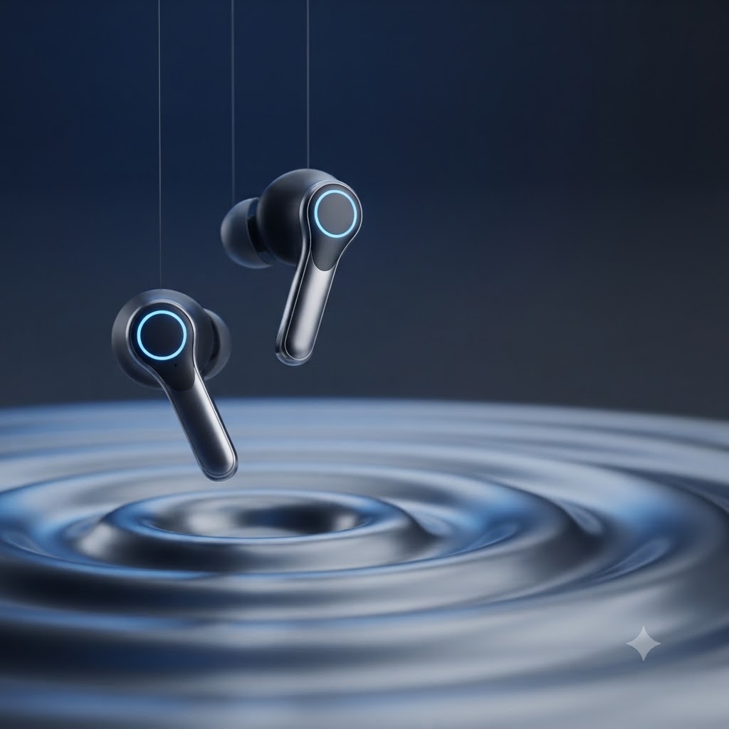 Instagram product launch post with wireless earbuds and chrome ripples