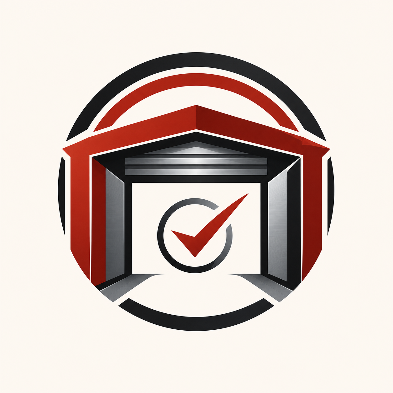 Professional auto detailing logo with garage doorway and checkmark