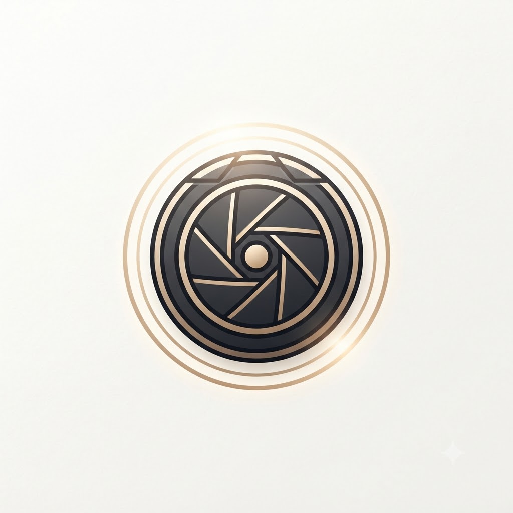 Premium camera logo with geometric shutter and gold halo