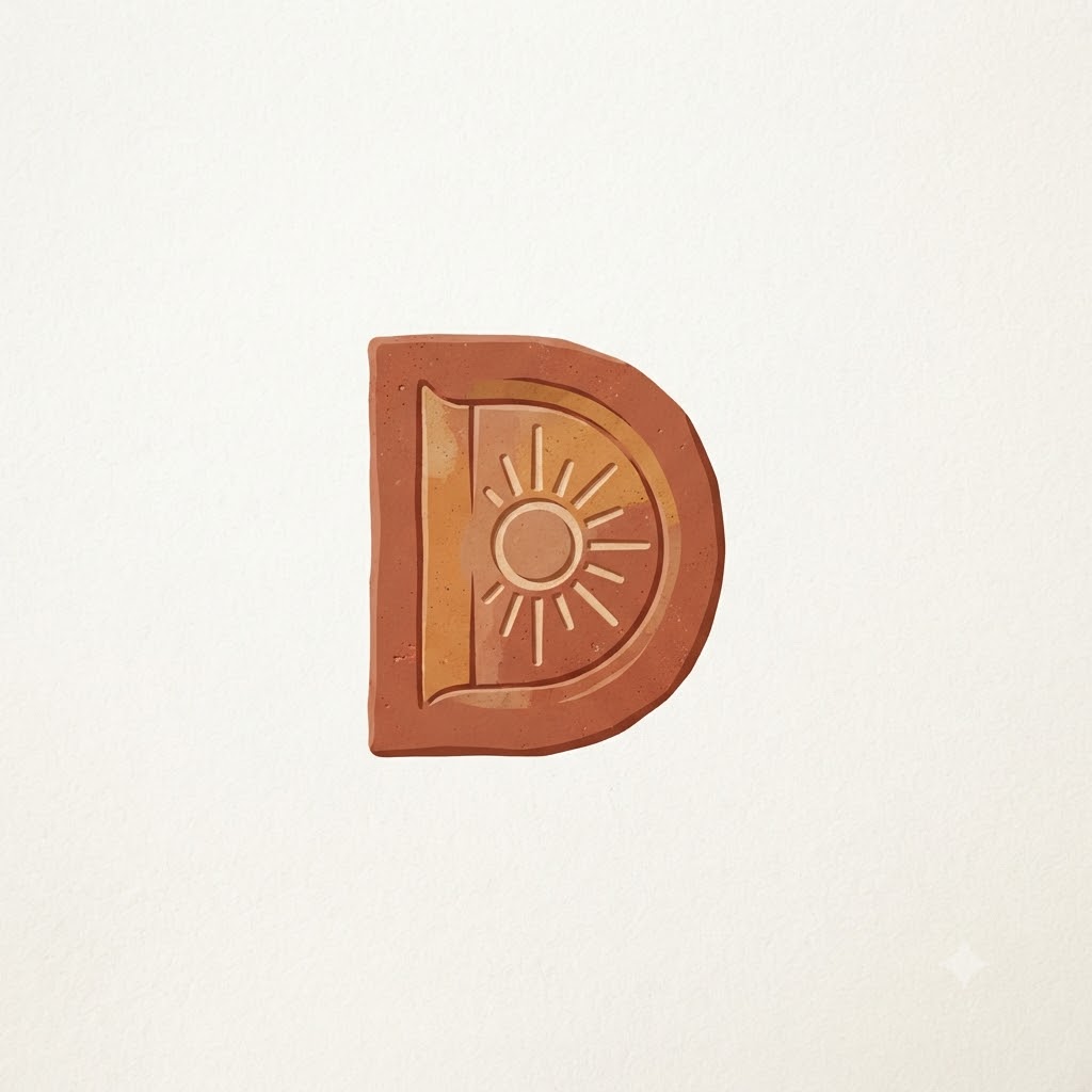 Earthy initial D logo with terracotta arch and carved sun