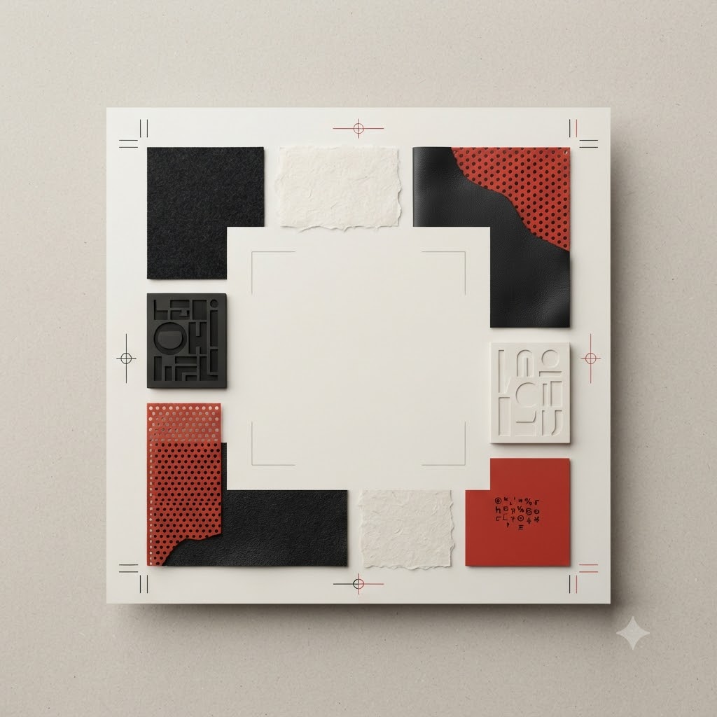 Creative portfolio banner with material swatches and editorial grid