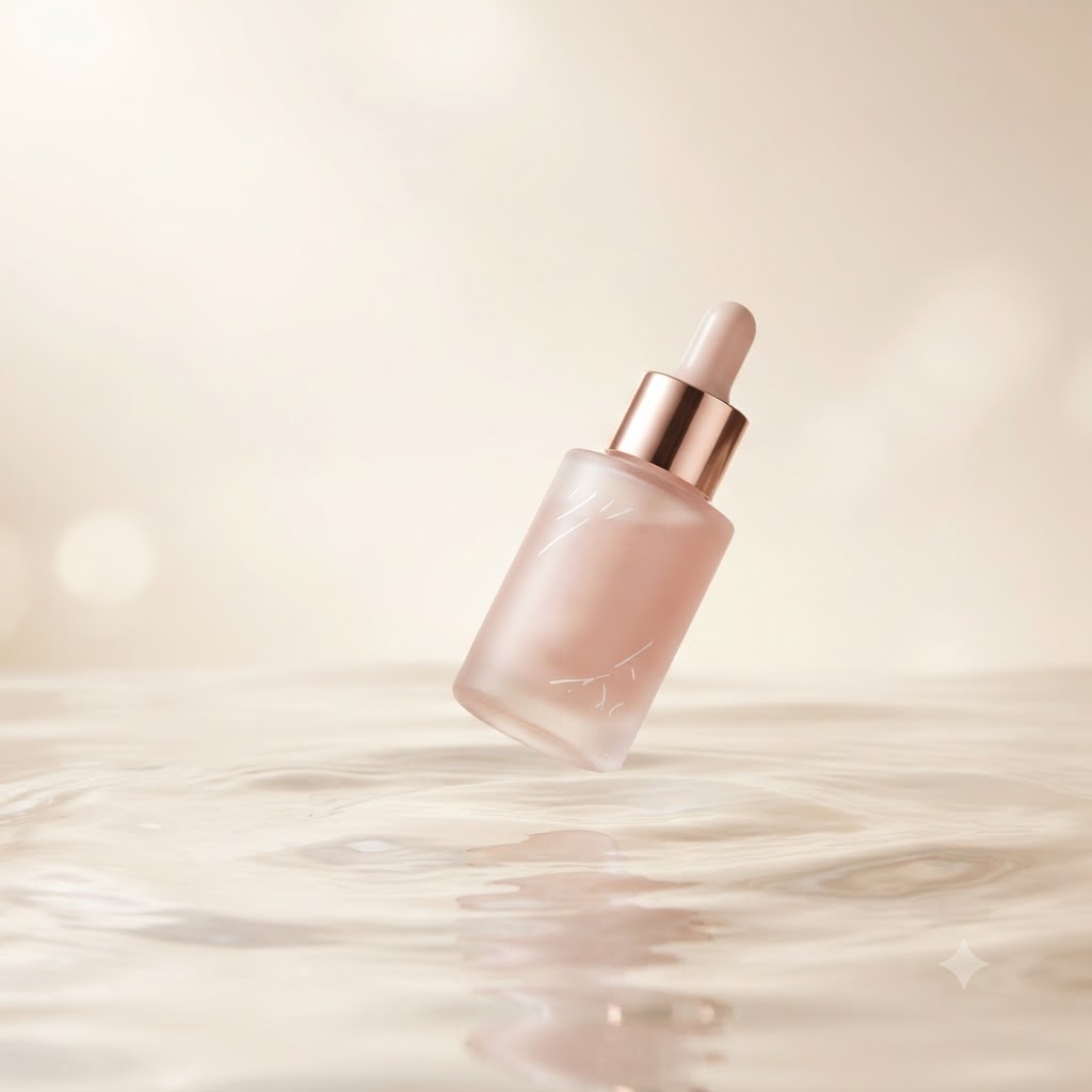 Instagram product post with a skincare bottle and soft pink waves